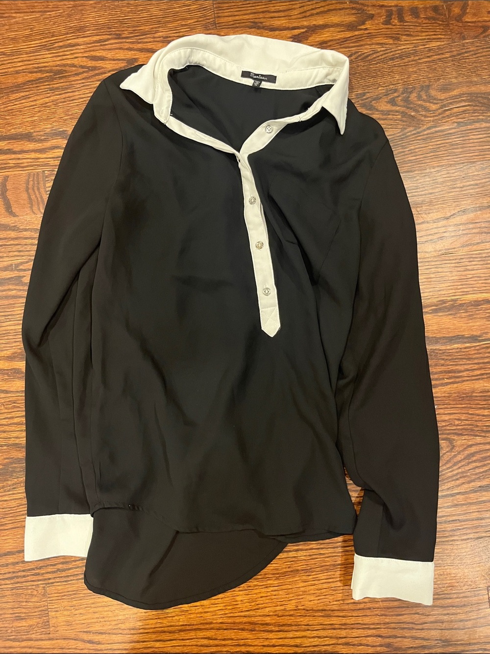 Monteau Black Button-Down Blouse with White Contrast Collar & Cuffs